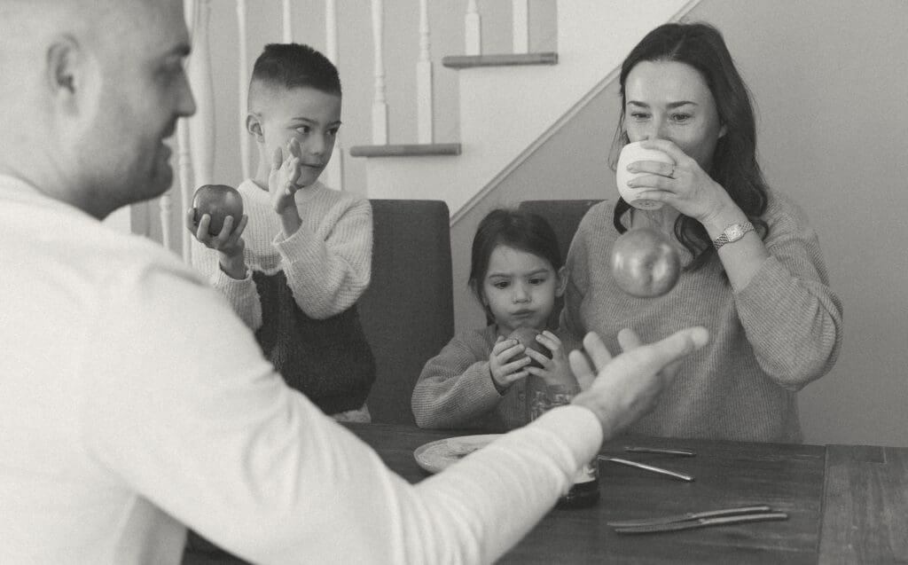 Parents and children having breakfast for a lifestyle family session
