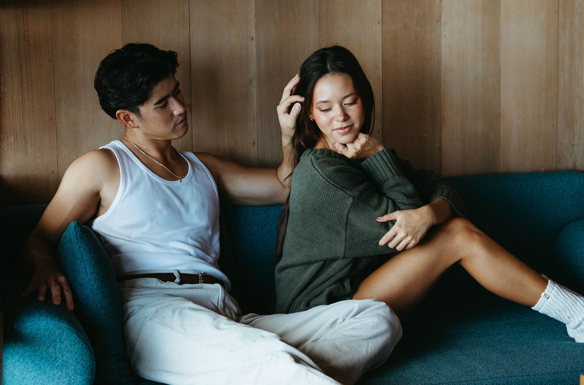 a couple sitting and embracing each other for a couples photoshoot in Montreal 