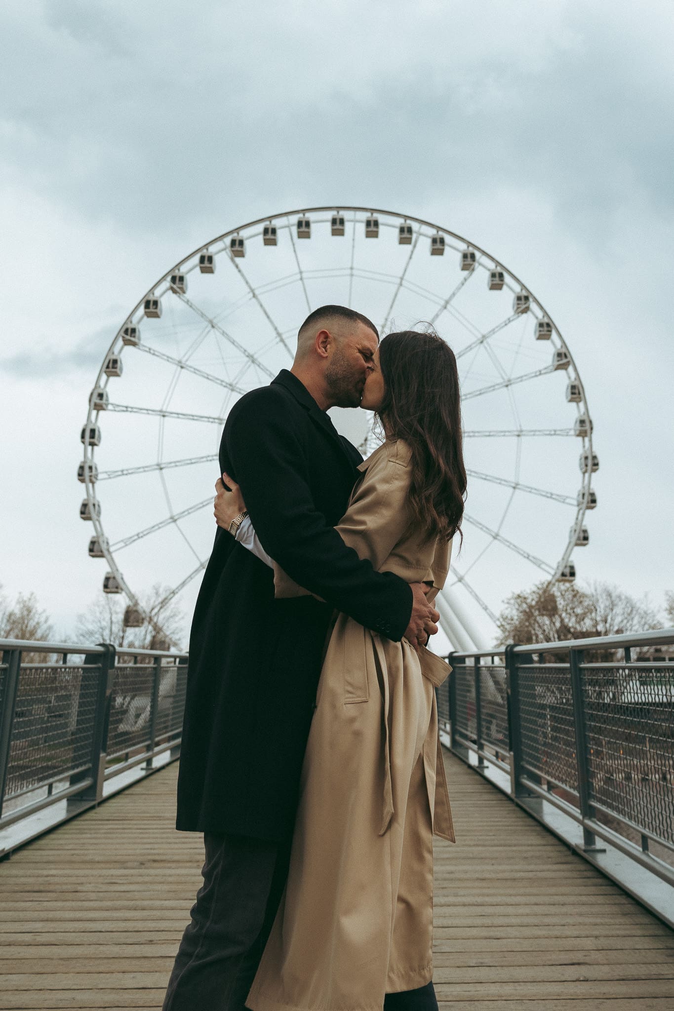 Couple embracing during a cinematic Old Port Montreal couples photoshoot